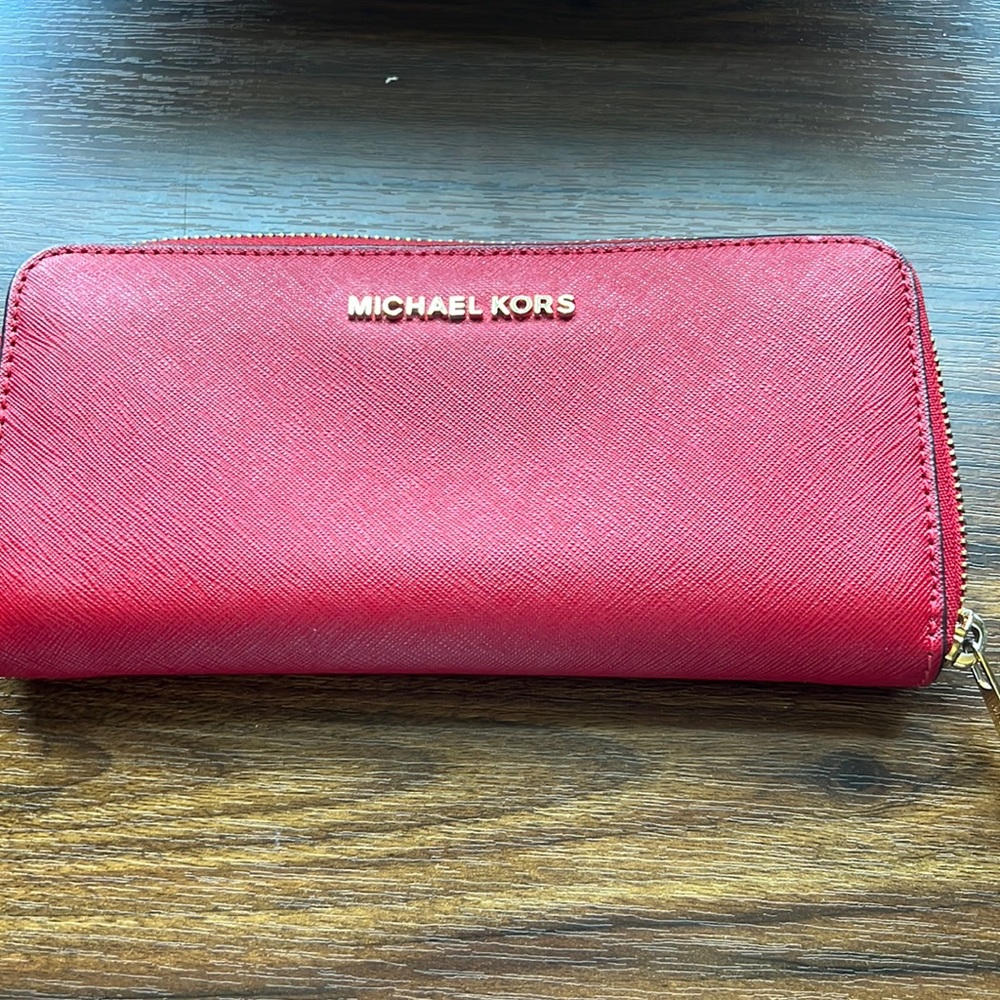 Michael Kors Large Red Zip Around Wallet with Gold Accents